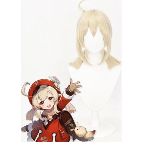 Game Genshin Impact Klee Cosplay Wigs Costumes Klee Headgear+Free Wig Cap Short Golden Double Ponytail Hair
