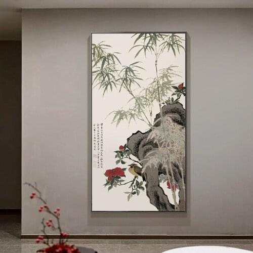 Chinese Bamboo Birds Landscape Canvas Paintings Minimalist Wall Art Pictures Poster Print for Living Room Home Office Decor