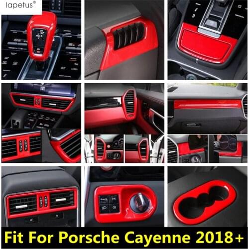 Red Accessories For Porsche Cayenne 2018 - 2021 ABS Dashboard Air AC Outlet Vent Head Light Lamp Window Lift Button Cover Trim