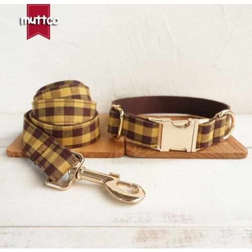 MUTTCO resistance to bite self-design dog collar THE BROWN YELLOW PLAID double cloth handmade basic collar 5 sizes UDC067J
