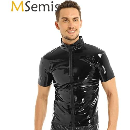 MSemis Unisex Men Metallic Leather Top Sexy Muscle Gay T-shirt Hipster Front Zip Up Shirt Tops Stage Party Clubwear Costumes