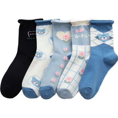 Socks Women Autumn Summer Japanese Blue Harajuku Middle Tube Print Crimping Pure Cotton Bear Floral Breathable Sweat-absorbent