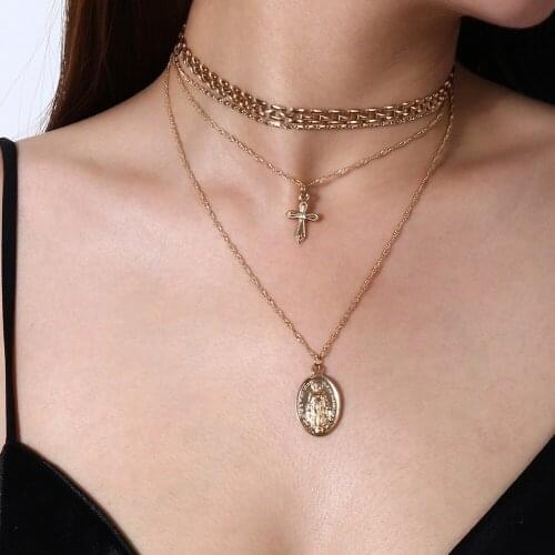 New Trend Cross Pendant Multi Layers Necklaces Mary Statement Choker Fashion Women Jewelry