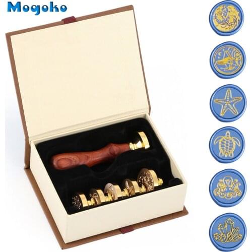 Mogoko Ocean Series Wax Seal Stamp 30mm 25mm Sealing Wax Stamps Heads With Wooden Handle Crystal Turtles Whale Starfish Mermaid
