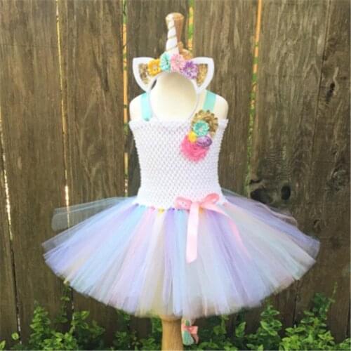 Lovely Baby Girls Unicorn Flower Tutu Dress Kids Crochet Dress with Ribbon Bow and Hairbow Children Party Costume Cosplay Dress