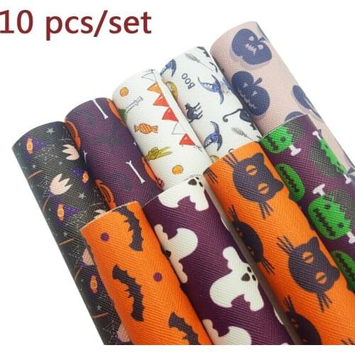 QIBU Wholesale 10pcs Halloween Faux Leather Fabric Sheets Monster Printed PU Leather Bow Fabric Synthetic Leather Vinyl Fabric
