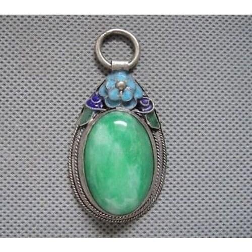 Rare Antique Chinese Silver Enamel Mosaic jade Pendant