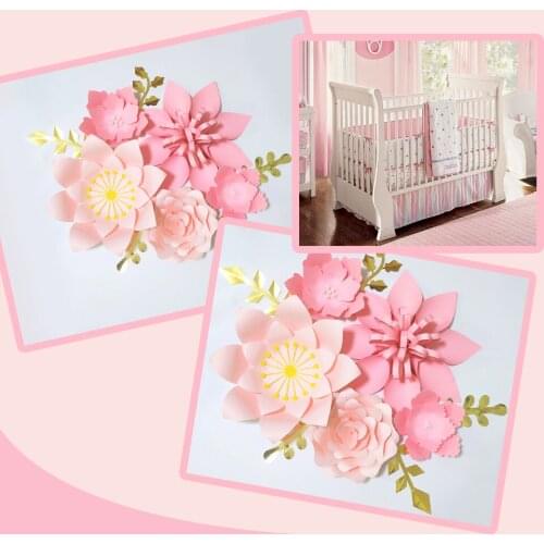Pink Rose Easy DIY Giant Paper Flowers Gold Leaves Set For Nursery Wall Art Deco Girls Room Baby Shower Backdrop Crafts Floral