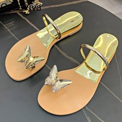 Sexy Flip Flops Flat Slippers for Women Gold Crystal Shoes Ladies Butterfly Rhinestone Flat Sandals Mules Beach Shoes Woman