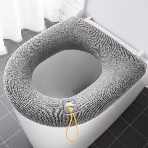 Removable Warm Toilet Seat Cover Pure Color Washable Knitting Wc Thicken Seat Mat with Flip Lid Handle Bathroom Accessories