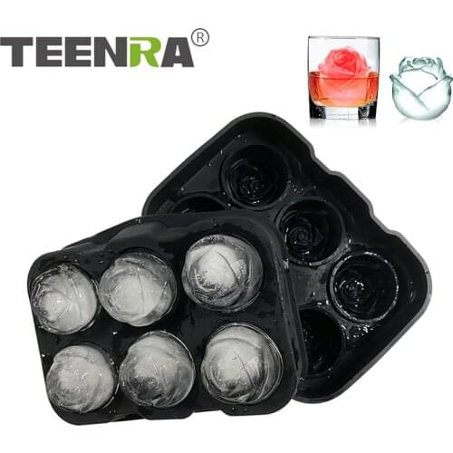 TEENRA 6 Cavity Silicone Rose Shape Ice Cube Mold 3D Ice Cube Tray Reusable Whiskey Cocktail Mould Ice Cream Makers Kitchen Tool