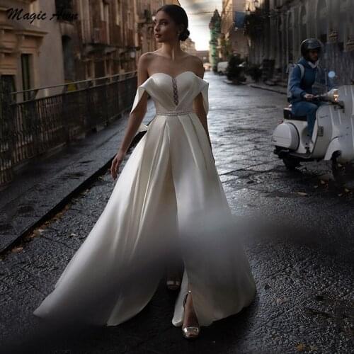 Magic Awn New Off The Shoulder Wedding Dresses Satin Front Split Beaded Simple Modest Wedding Party Dress Robe De Mariage