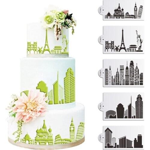 Facemile 5PCS/Set Buildings Cake Stencils Cookies Mousse MoldCoffee Cappuccino Template Baking Sugarcraft Cake Decorating Tools