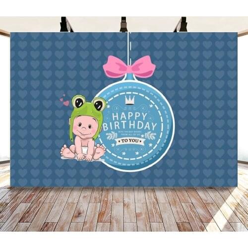 Cartoon Blue Cake and Frog Hat Portrait Photography Backdrop Kids Birthday Party Decor Photo Background Studio Photocall Props