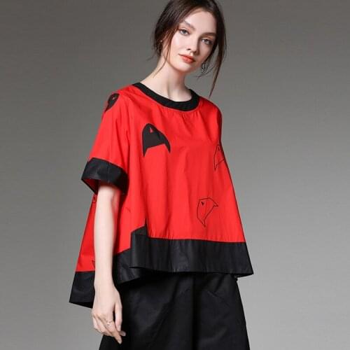 2019 summer new loose short sleeve print contrast color shirt big size womens casual show thin top O neck knitted cotton shirts