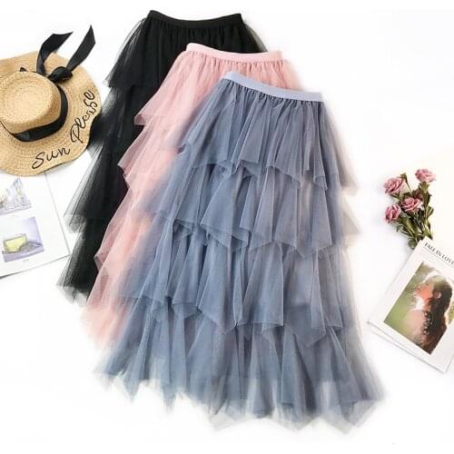 Newest Fashion Tutu Tulle Skirt Women Long Maxi Skirt 2021 Spring Summer Korean Gray Pink Black High Waist A-line Skirt Female