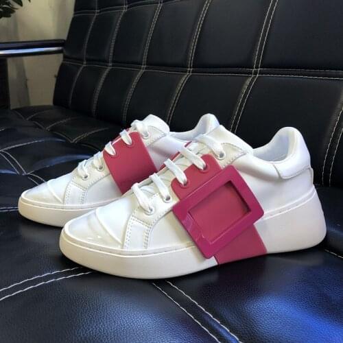 Womens Genuine Leather Sneakers Lace Up Match Colors Square Buckle Skateboard Shoes White 6Colors New 2021