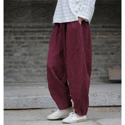Women Retro Autumn Winter Thick Cotton linen Elastic Waist harem Pants Ladies Solid Color Vintage Loose Trousers Plus Size