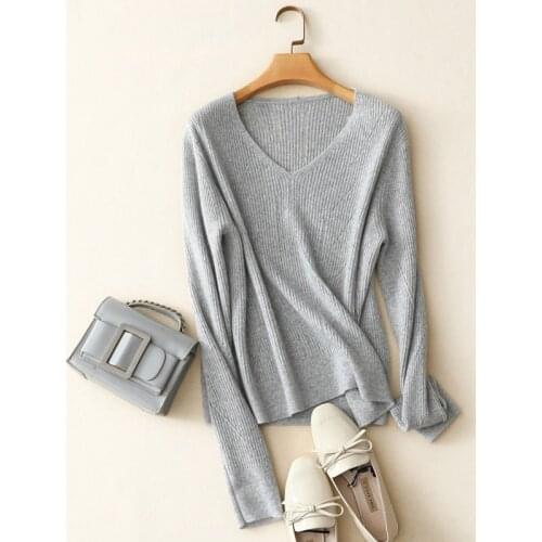 100% cashmere v neck ribbed knit sweater women