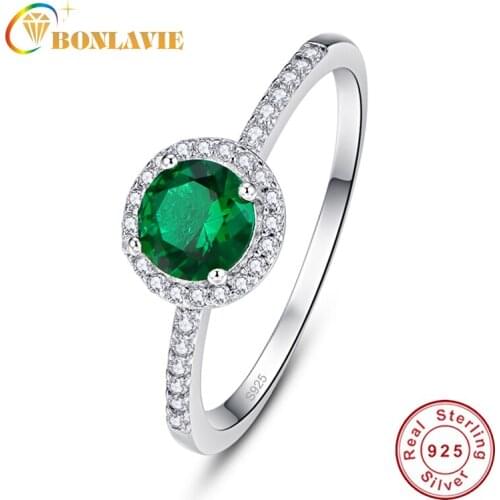 BONLAVIE Genuine Ring Classic Round Big Green Crystal Finger Ring Women Wedding Jewelry Gift