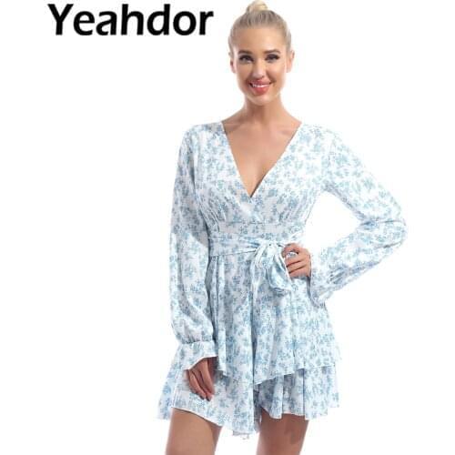 2021 Women Summer Dresses Floral Print V Neck Long Sleeve High Waist Ruffle Hem Layer A-line Shorts Jumpsuit Bodysuit with Sash