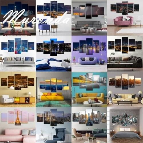 Canvas Painting Wall Art 5 Pieces New York City Construction Scenery Pictures Prints Night View Poster Home Decor Modular Framed