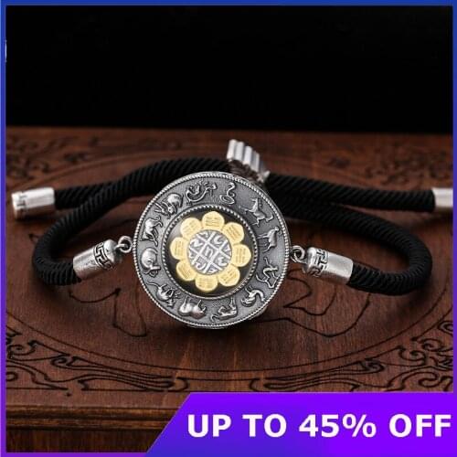 Thai Silver Weave Hand Rope Bracelet Bangle 925 Sterling Silver Zodiac Vajra Animal Adjustable Length Jewelry for Men Women 2020