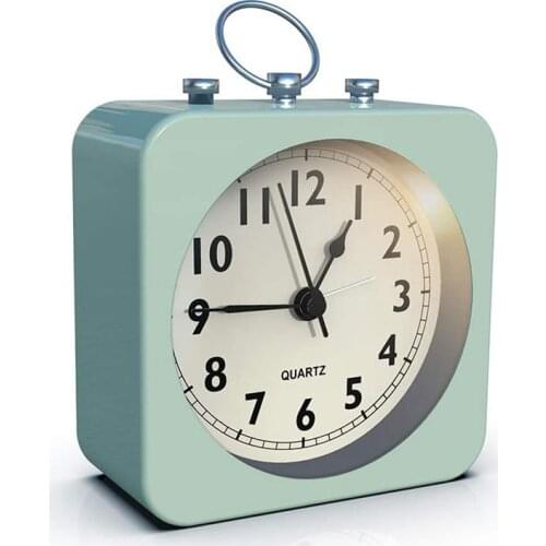 Alarm Clock with Square Metal Case,No Ticking Analog Quartz, Simple Operation for Bedroom/Travel/Desk/Kids