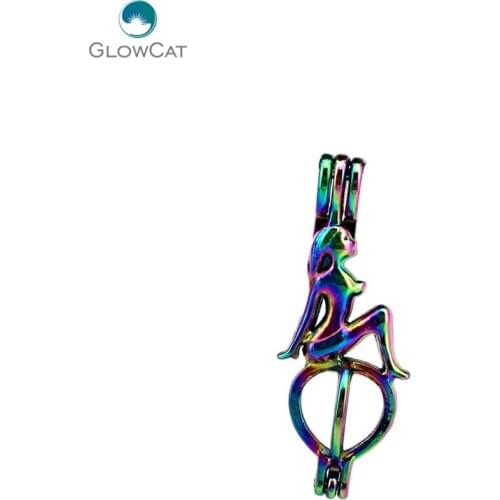 C409 5pcs/lot Rainbow Color 39mm Lady Mermaid Ocean Pearl Beads Cage Locket Pendant Pearl Locket Fairytale Party