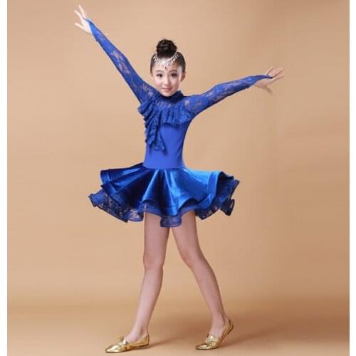 Blue Velvet Lace child Latin Dance Dress for Girls Skirt Sleeveless Latin salsa Ballroom Samba Dancing Dresses Kids Mini Skirt