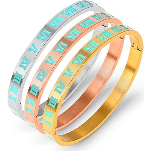 Luxury Brand Blue Enamel Bangles & Bracelets For Women Roman Letter Sliver Gold Bangles Stainless Steel Pulseiras Jewelry