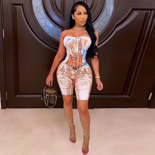 Aesthetic Print Fitness Rompers Womens Jumpsuit Off The Shoulder Sleeveless One Piece Overall Streetwear Zipper Skinny Outfits
