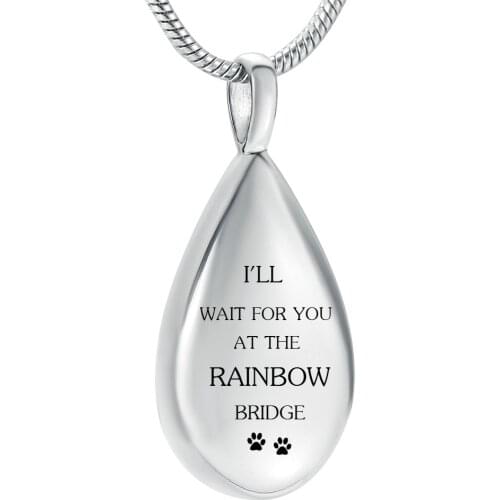 IJD9945 Cute Paw Print Teadrop Memorial Urn Necklace for Pets Cremation Ashes Keepsake-I'LL WAIT FOR YOU AT THE RAINBOW BRIDGE