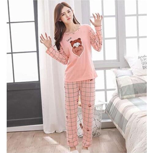 2PCS Set Women Spring Autumn Cotton Pajamas Set Cartoon Sleepwear Teenager Girls Home Clothes