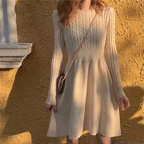 Korean Sweater Dress Women Autumn Winter O Neck Long Sleeve Knitted Mini Dress Casual Dress Female Vestidos