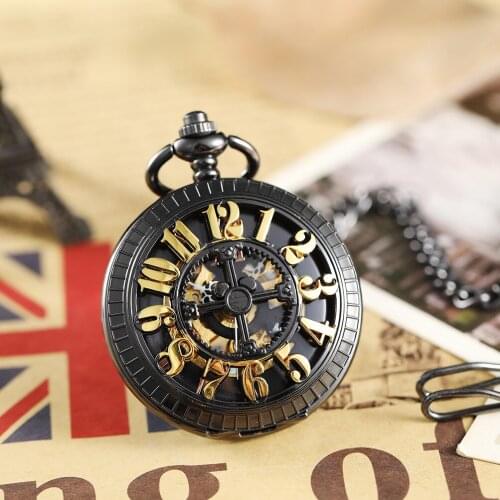 Skeleton Hand Wind Mechanical Pocket Watch Men Women Vintage Big Roman Numerals Hollow Necklace Fob Chain Clock Pendant Black