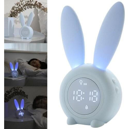 Cartoon Bunny Kids Alarm Clock Sleep Trainer USB Charger Night Light With 6 Voices Control Sleep Timer With Snooze Function