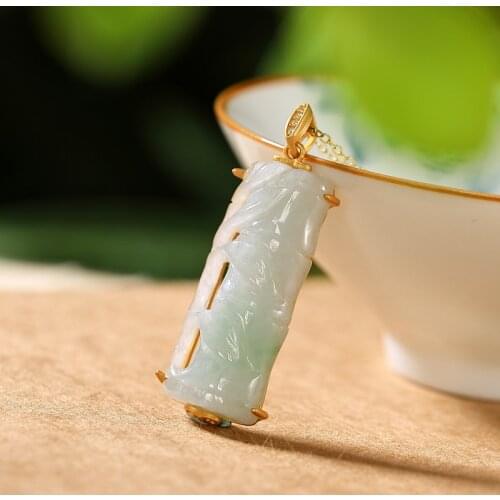 Natural Myanmar jade Hand-Carved jade bamboo jade pendant jade necklace jewelry silver necklace with gold 925 sterling silver