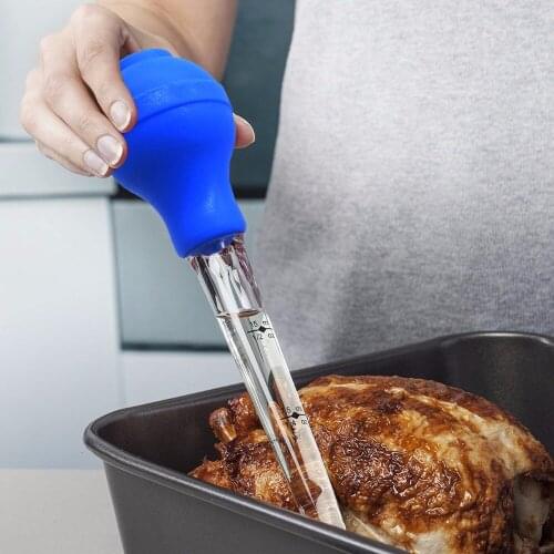 New Silicone Chicken Turkey Baster Meat Syringe Marinade Injector Including Needle And Extra Brush BBQ Kitchen Assessoies, Blue