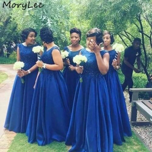 Bridesmaid Dresses Blue Scoop Sleeveless A-Line Satin Pleated Lace Crystal Bridesmaid Dresses Wedding Party Bridemaid Gowns