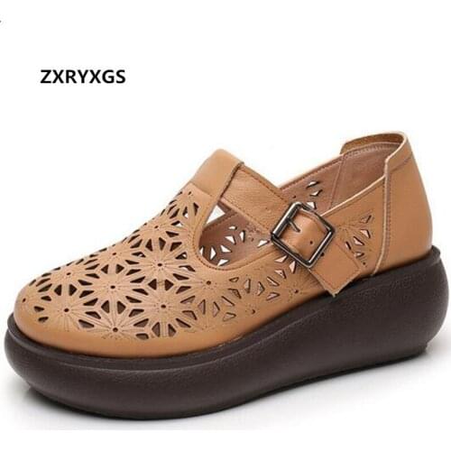 2021 High Quality Cowhide Hollow Breathable Sandals Women Heighten Sandals Platform Wedges Large Size Women Sandals Trendy Shoes