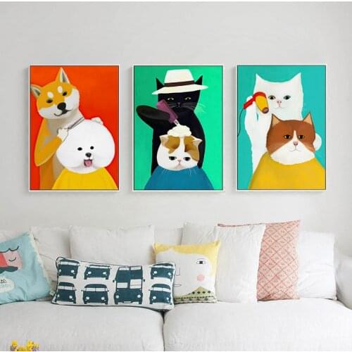 Funny Cat Barber Canvas Poster Wall Picture For Living Children Room Home Decor Aesthetic Dog Cat Hairdresser Wall Painting