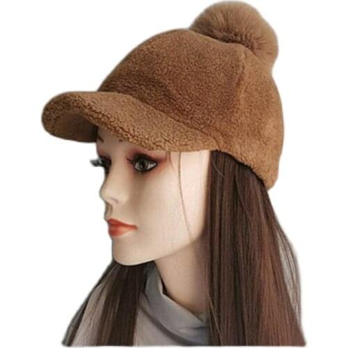 Womens Autumn Winter Korean Warm Real Lamb Fur Baseball Cap Ins Cute Plush Solid Color Pompom Hats