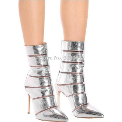 Lady New Silver Hollow Out Short Sandals Boots Fashion Pointed Toe Stiletto Heel Gladiator Sandals Women Popular Party Shoes