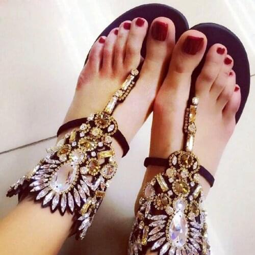 Woman Luxury Crystal Clip toe Sandal Femme Flat Beach Sandal Summer Rhinestone Ankle Strap Flip Flops Gladiator Sandals Women