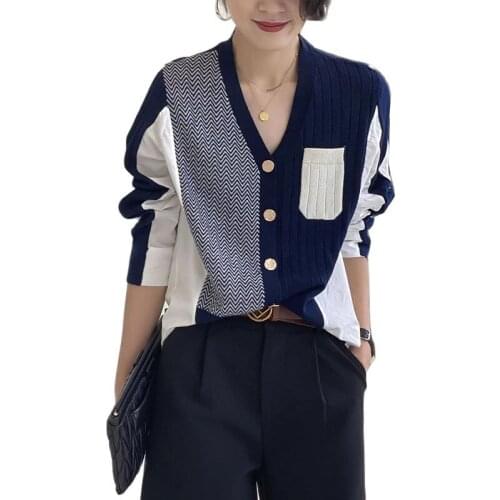 2021 Women Cardigans Sweater Fashion Autumn irregular Splicing V-neck Shirt Knitted Sweater Female Korean Loose Long Sleeve Tops