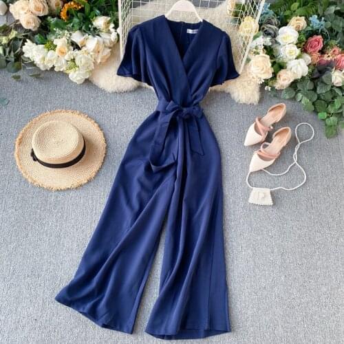 Fashion 2021 Solid Basic Office V Neck Summer Full Length Bandage Jumpsuit Casual Women High Waist Elegant Playsuit Tie Romper