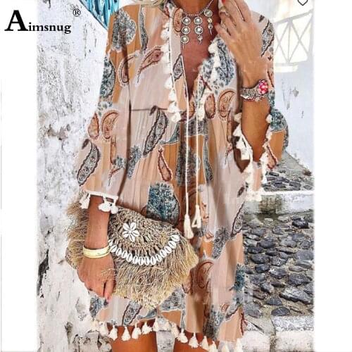 Women Short Mini Dress Three Quarter Sleeve Classic Bohemian Flower Print Tassel Beach Dresses Plus size 3xl Female the Dress