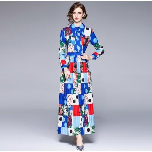 2021 Autumn Fashion Runway Maxi Dresses Women Long Sleeve Blue Plaid Floral Print Vintage Pleated Long Party Dresses