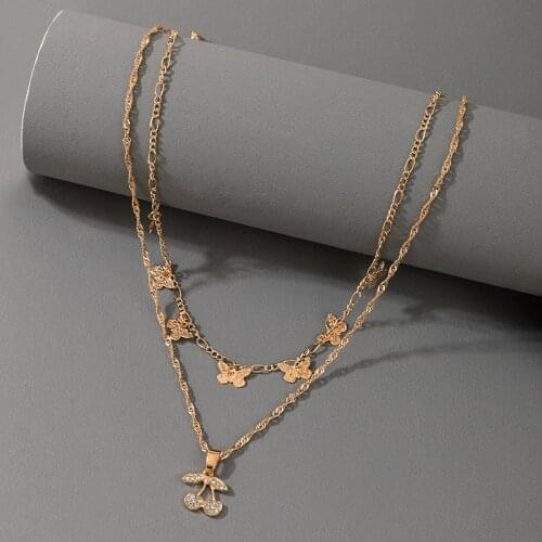HuangTang Trendy Zircon Cherry Pendant Necklace for Women Double Laryer Little Butterfly Tassel Chains Necklaces Gift Jewelry